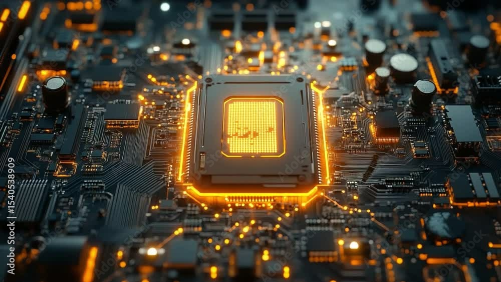 Poster tech circuit: a detailed, high-tech depiction of a computer circuit board, radiating a warm, orange 