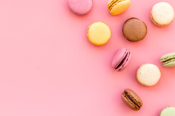 sweet dessert pattern with macarons on pink background flat lay mockup