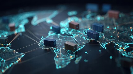 Global shipping network, stylized map and container nodes, 3D illustration. 