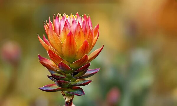 Vibrant Protea Flower with Red Orange and Green Petals in Softly Blurred Garden Setting