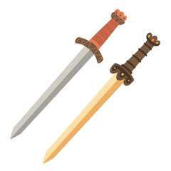 Two roman gladius swords. Short double-edged blades and ornate hilts. Flat style hand drawn vector illustration. 
