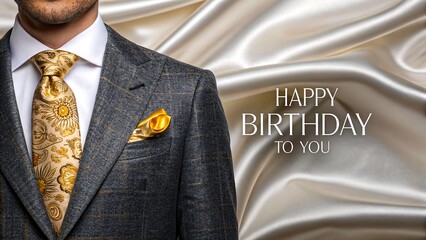 Stylish man in suit and tie with birthday greeting on luxury satin background