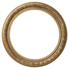 Ornate round gold frame with detailed rococo engravings and subtle antique finish centered isolated transparent background
