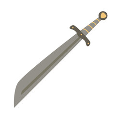 Falchion sword with a curved tip and broad blade. Historical weapon.  Flat style hand drawn vector illustration. 