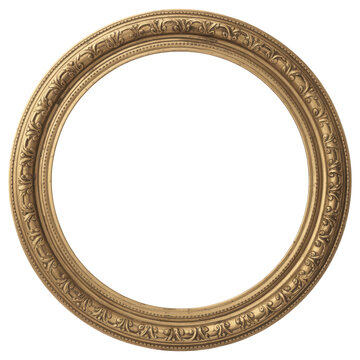 Ornate round gold frame with detailed rococo engravings and subtle antique finish centered isolated transparent background