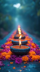 Row of Lit Diyas with Floral Decorations for Festive Occasion
