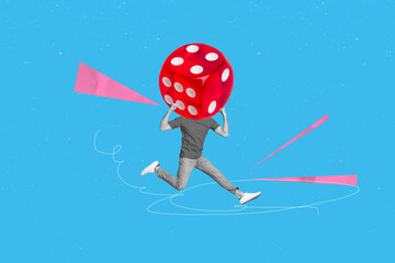 Banner creative art collage of headless man instead head dice cube tournament gambling game winner...