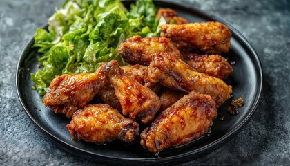 Fototapeta premium a close-up of glazed chicken wings served with a side of fresh lettuce on a black plate.