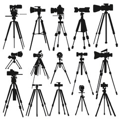 A collection of camera tripods in various sizes and styles