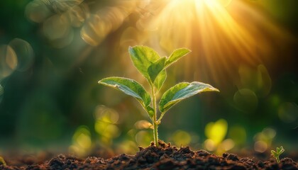 a young plant sprouts from rich soil, bathed in the warm glow of sunlight filtering through a blurred green background.