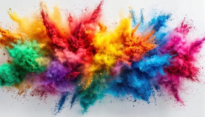 Fototapeta premium a vibrant explosion of multicolored powder creates a dynamic and artistic splash against a clean white background.