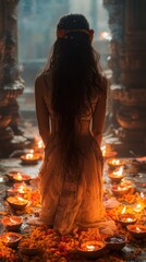 Indian Woman in Traditional Dress Surrounded by Burning Candles in Temple