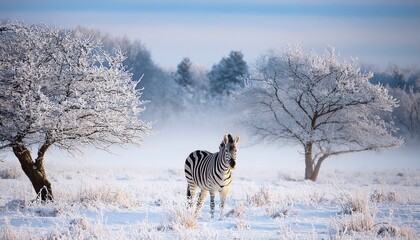 Fototapeta premium frosty zebra standing in a snowy field with bare trees landscape zebra snow