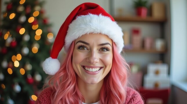 A cheerful woman with pink hair and a santa hat smiling at the camera, ready for a live Christmas stream.