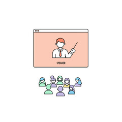 Fototapeta premium Online Seminar: A digital illustration depicts a speaker addressing a diverse audience, engaging in a virtual seminar setting.