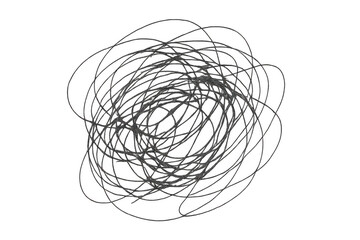 Chaotic circular scribble tangling and swirling, representing mental complexity and disoriented thought processes on transparent surface