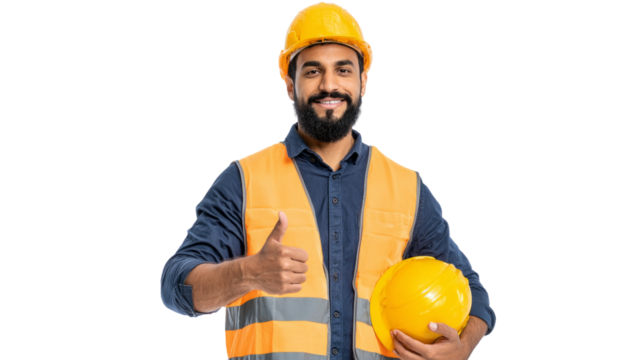 A man in a yellow vest is holding a hard hat and giving a thumbs up