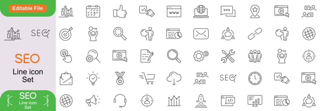 SEO - search engine optimisation line icon set. Set of 60+ outline icons related to seo, website, business, optimisation and others. SEO outline icons collection. Vector illustration.
