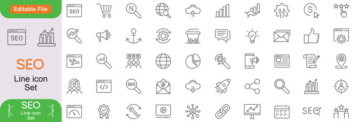 SEO - search engine optimisation line icon set. Set of 60+ outline icons related to seo, website, business, optimisation and others. SEO outline icons collection. Vector illustration.