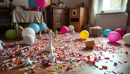 Confetti And Balloons On Floor After Birthday Party Ends