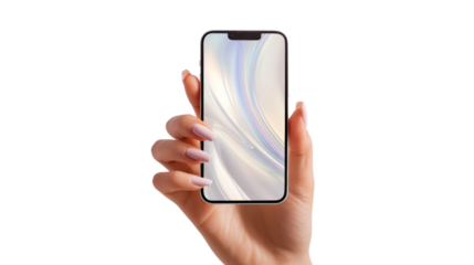 A hand holding a cell phone with a white background