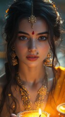 Portrait of Indian woman holding candle with traditional jewelry and makeup