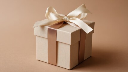 A beige gift box with a satin ribbon bow sits on a matching background, creating an elegant and sophisticated presentation
