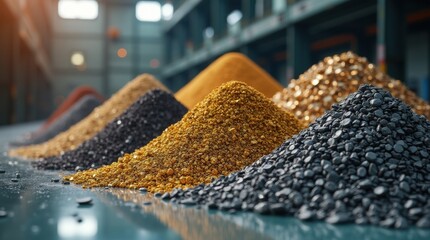 Assorted rare earth metals and ores stacked in factory, extraction and refinement for electronics and clean energy, global resources.