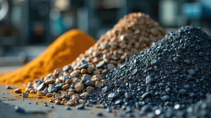 Assorted rare earth metals and ores stacked in factory, extraction and refinement for electronics and clean energy, global resources.