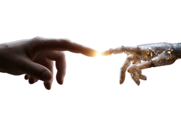 Two hands are touching each other, one of which is glowing