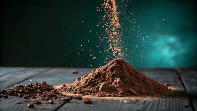 Cocoa powder falls onto a pile on a dark wooden table against a teal background - Powered by Adobe