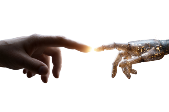 Two hands are touching each other, one of which is glowing