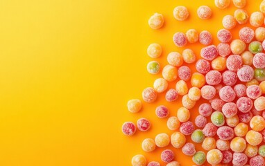 Fototapeta premium Top-down view of frozen peas on vibrant yellow background.