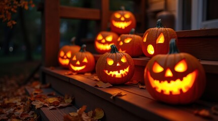 Obraz premium Close-up glowing jack-o'-lanterns with sinister faces on wooden steps, night, scattered autumn leaves, Halloween spirit.