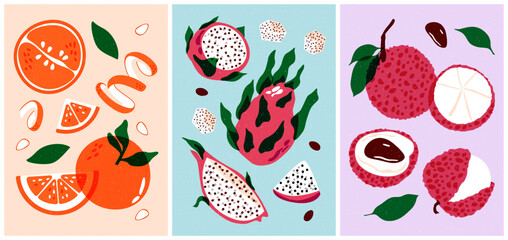Vintage fruit posters. Tropical citrus fruits with leaves, dragon fruit, orange and lychee, organic natural food collection for packaging design, summer fruit harvest. Vector cartoon set