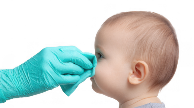 Doctor wearing gloves gently wiping a baby's nose with a light blue medical wipe, emphasizing hygiene and care in a clinical setting, isolated on a transparent background
