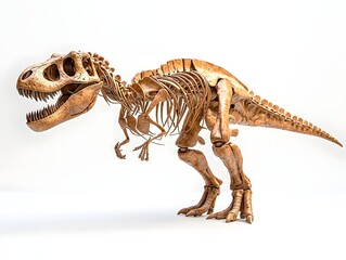Detailed T Rex skeleton fossil in perfect condition isolated on a white background