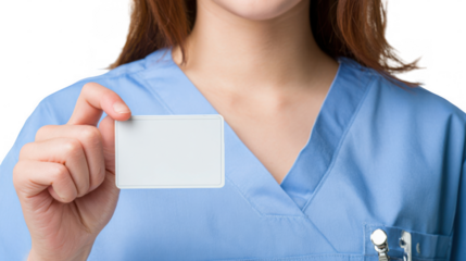 Close up of a smiling healthcare professional holding a blank white id card, perfect for adding custom text or logos, against a transparent background