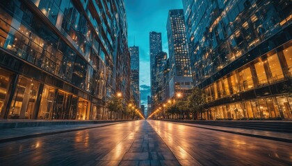 a long, illuminated city street lined with modern glass skyscrapers reflects warm light onto the wet pavement during the twilight hours.