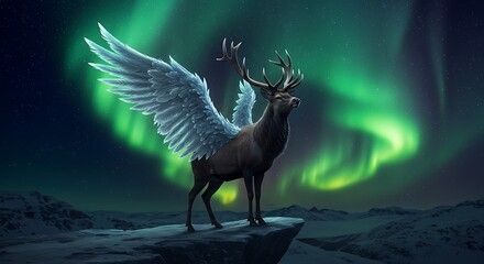 A noble Christmas reindeer with wings of shimmering ice feathers, standing on a cliff edge with the aurora borealis behind, fantasy and celestial,