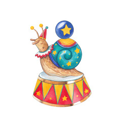 Circus snail. Watercolor hand drawn illustration bright character in cartoon style. Clipart on white background for children's room and holiday decor.