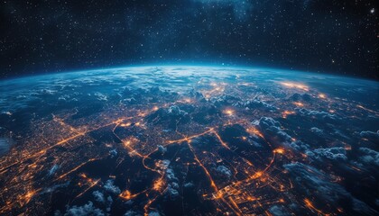 a stunning aerial view of earth at night reveals vibrant city lights sprawling across continents beneath a blanket of clouds and stars.