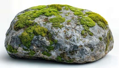 a rounded, moss-covered rock rests on a pale surface, showcasing detailed textures of stone and vibrant green vegetation.