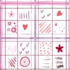 Seamless pattern of latticework with hand-drawn doodles in pink and purple colors on a white background.