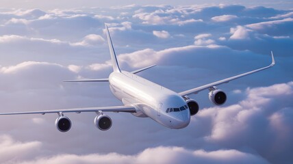 Fototapeta premium Commercial Passenger Airplane Flying Above The Clouds In Blue Sky High Altitude Aviation Travel Transportation Concept Midair Journey
