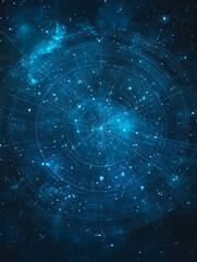 Obraz premium Celestial map featuring glowing constellations and intricate patterns in deep blue cosmic background, evoking sense of wonder and exploration