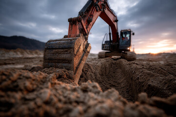 Fototapeta premium Backhoe excavator is digging trench construction site during sunset, showcasing its powerful arm and bucket. scene captures rugged terrain and dramatic sky, evoking sense of industriousness