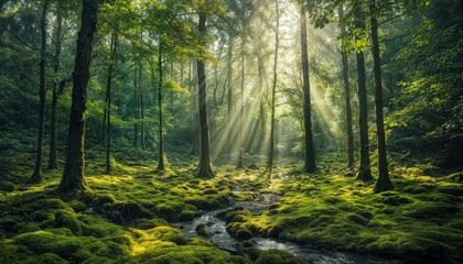 Obraz premium a sunlit stream meanders through a lush, moss-covered forest of tall, slender trees, creating a serene and enchanting woodland scene.