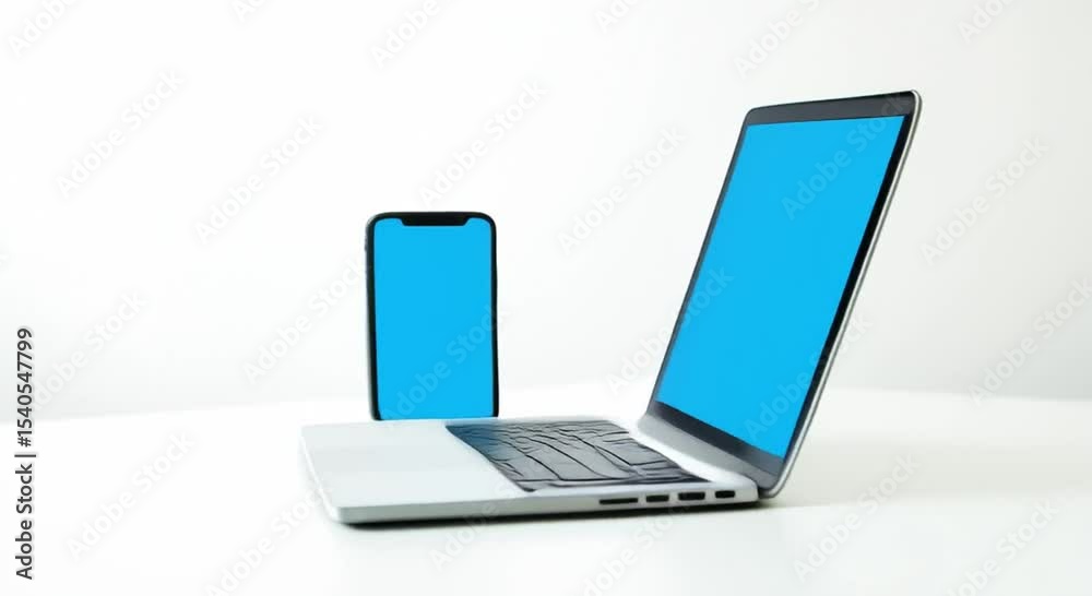 Poster laptop computer blue screen next smartphone white surface background also white creating clean moder