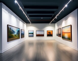 an art gallery with crisp white walls featuring a series of landscape paintings each piece framed and illuminated by clean bright lighting